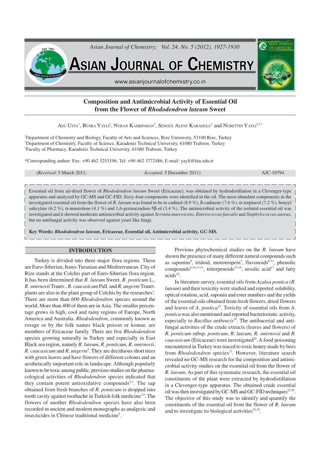 Composition and Antimicrobial Activity of Essential Oil from the Flower of Rhododendron Luteum Sweet