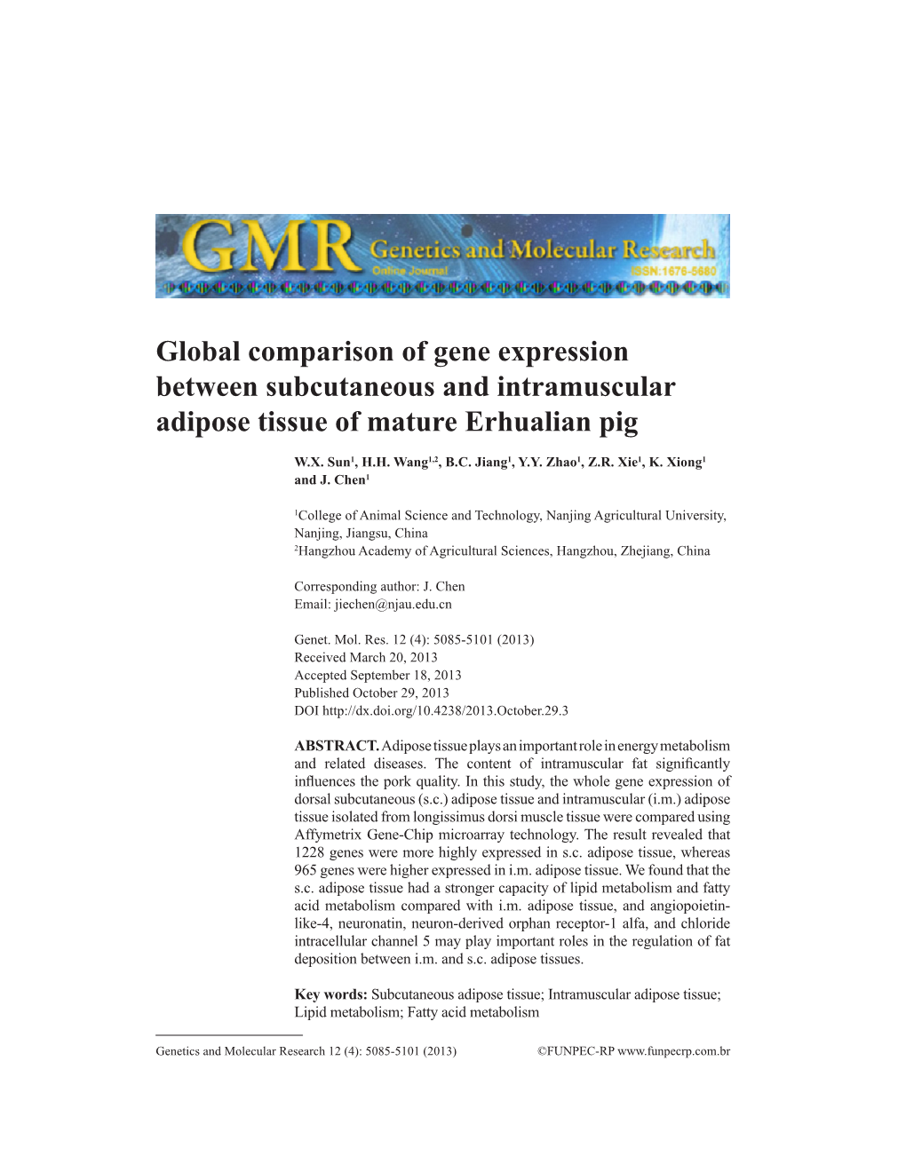 Global Comparison of Gene Expression Between Subcutaneous and Intramuscular Adipose Tissue of Mature Erhualian Pig