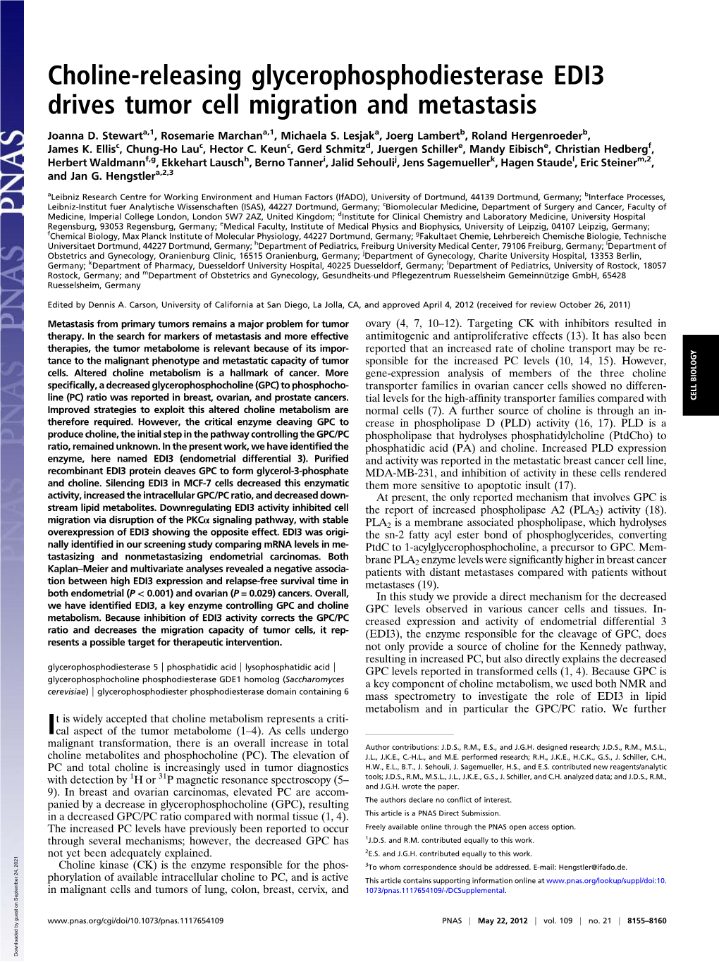 Choline-Releasing Glycerophosphodiesterase EDI3 Drives Tumor Cell Migration and Metastasis