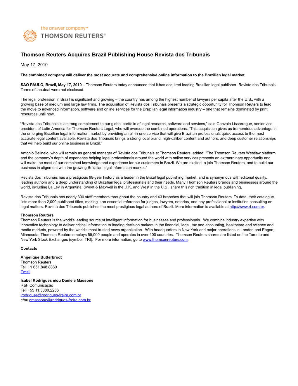 Thomson Reuters Acquires Brazil Publishing House Revista Dos Tribunais