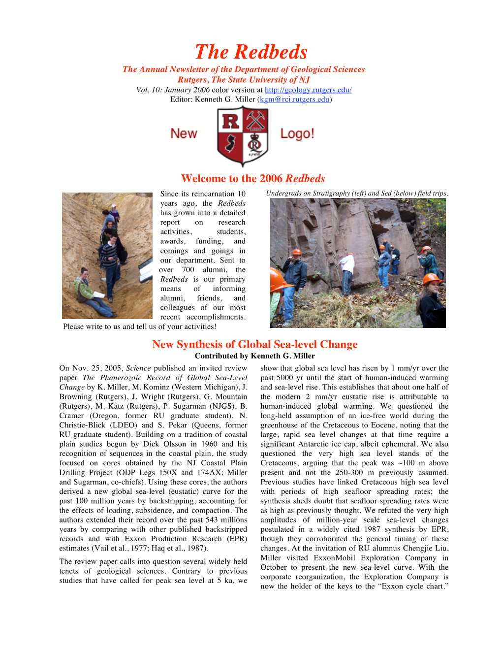 The Redbeds the Annual Newsletter of the Department of Geological Sciences Rutgers, the State University of NJ Vol