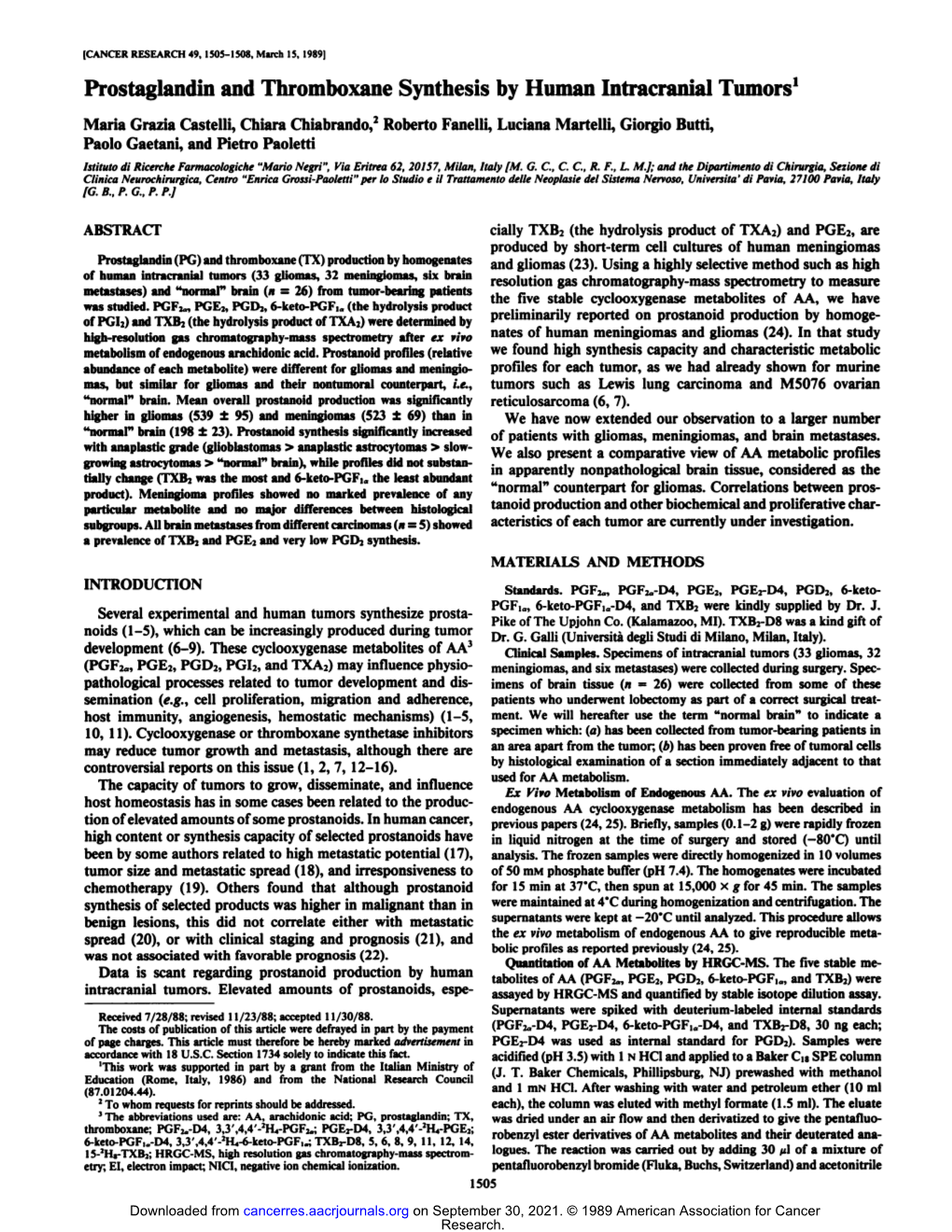 Prostaglandin and Thromboxane Synthesis by Human Intracranial Tumors1