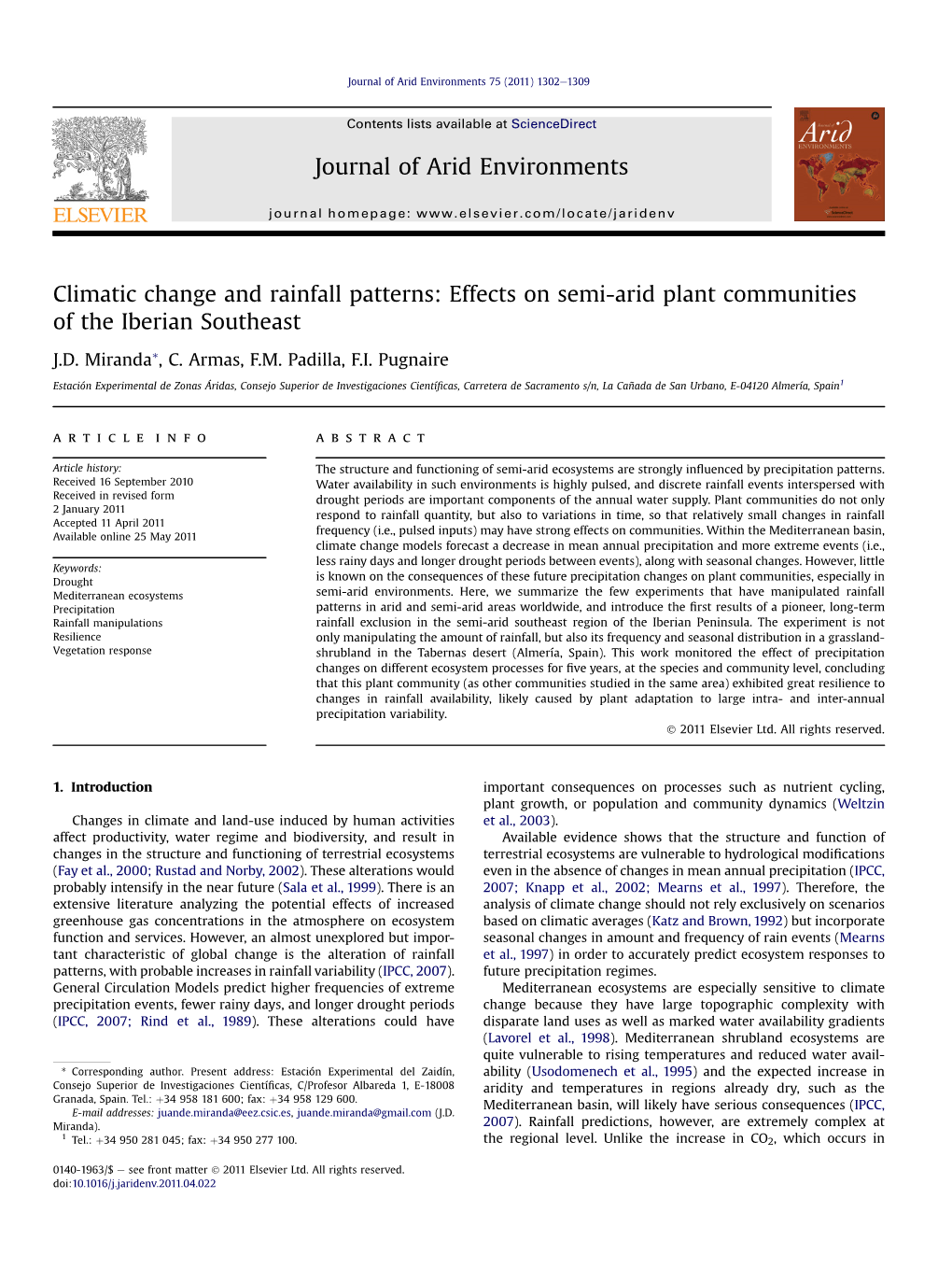 Effects on Semi-Arid Plant Communities of the Iberian Southeast