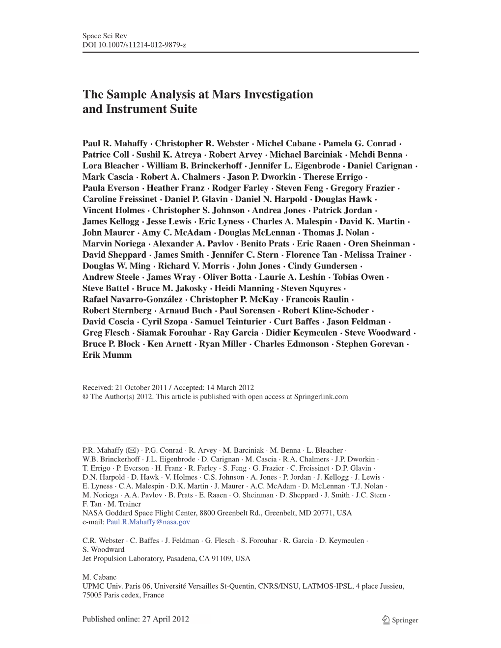 The Sample Analysis at Mars Investigation and Instrument Suite