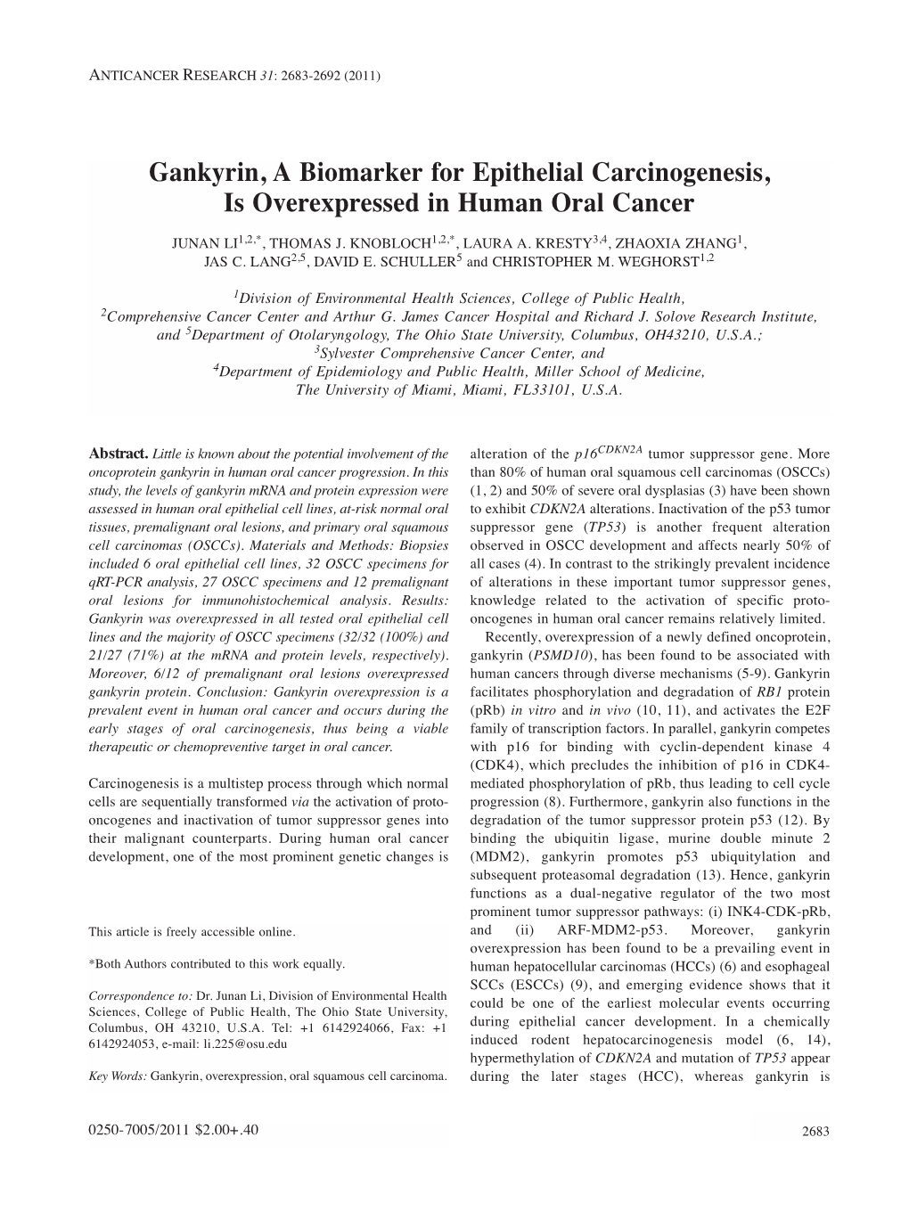 Gankyrin, a Biomarker for Epithelial Carcinogenesis, Is Overexpressed in Human Oral Cancer