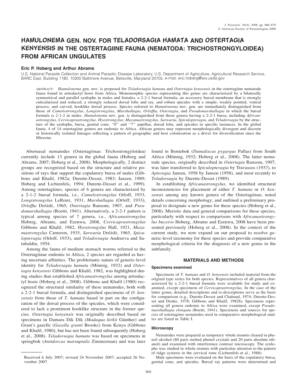 Nematoda: Trichostrongyloidea) from African Ungulates