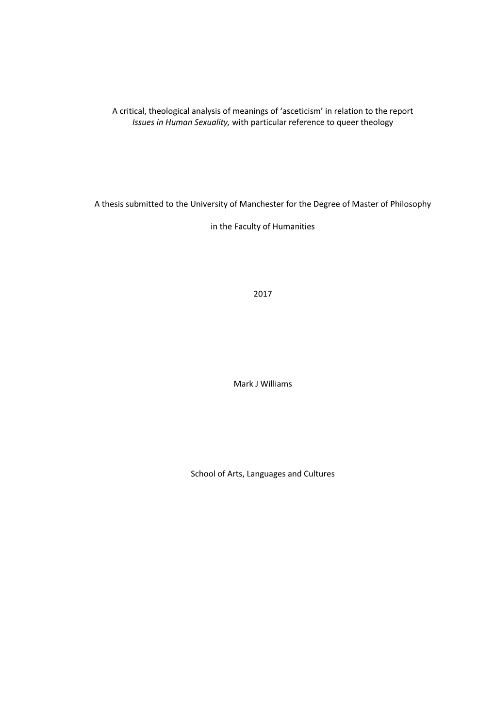 Asceticism’ in Relation to the Report Issues in Human Sexuality, with Particular Reference to Queer Theology