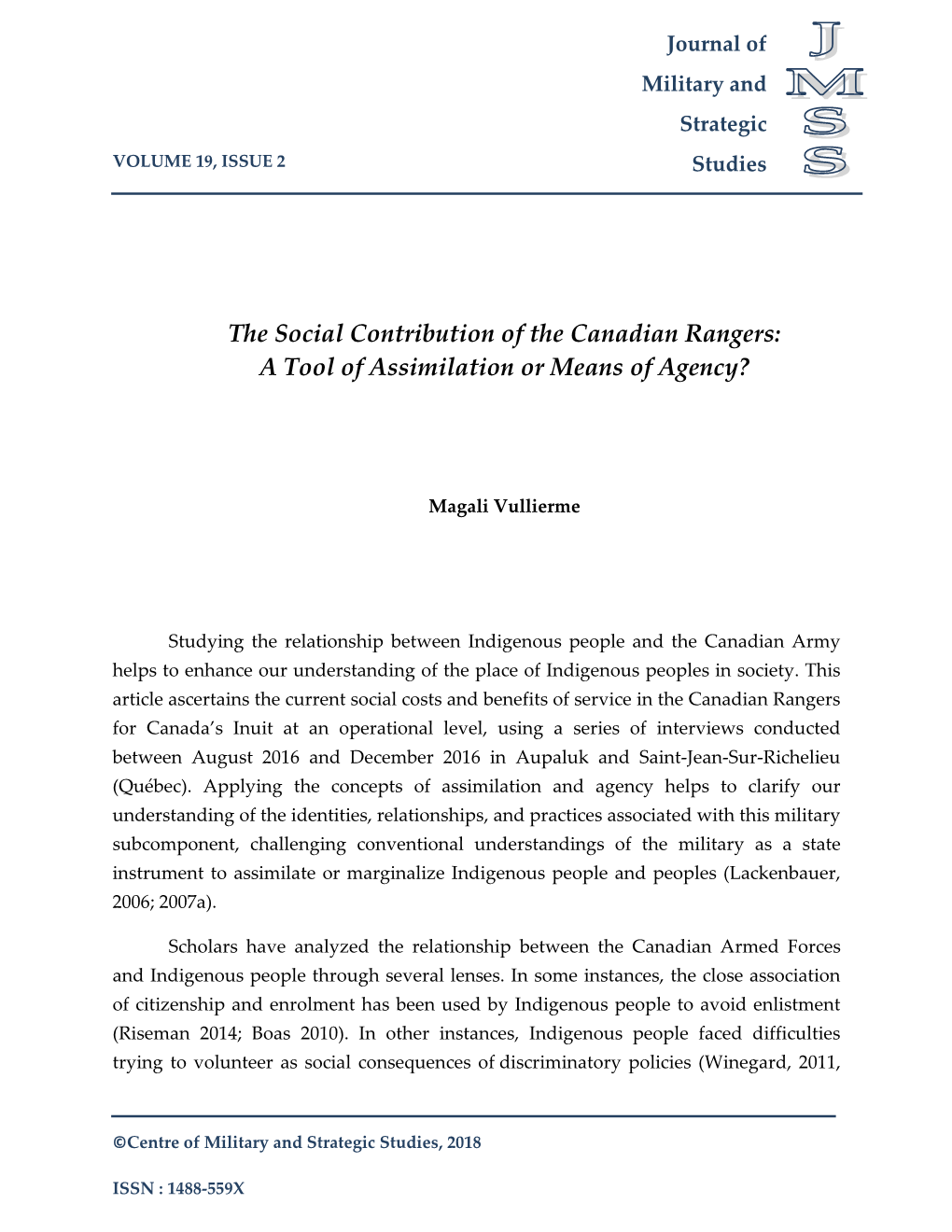 The Social Contribution of the Canadian Rangers: a Tool of Assimilation Or Means of Agency?