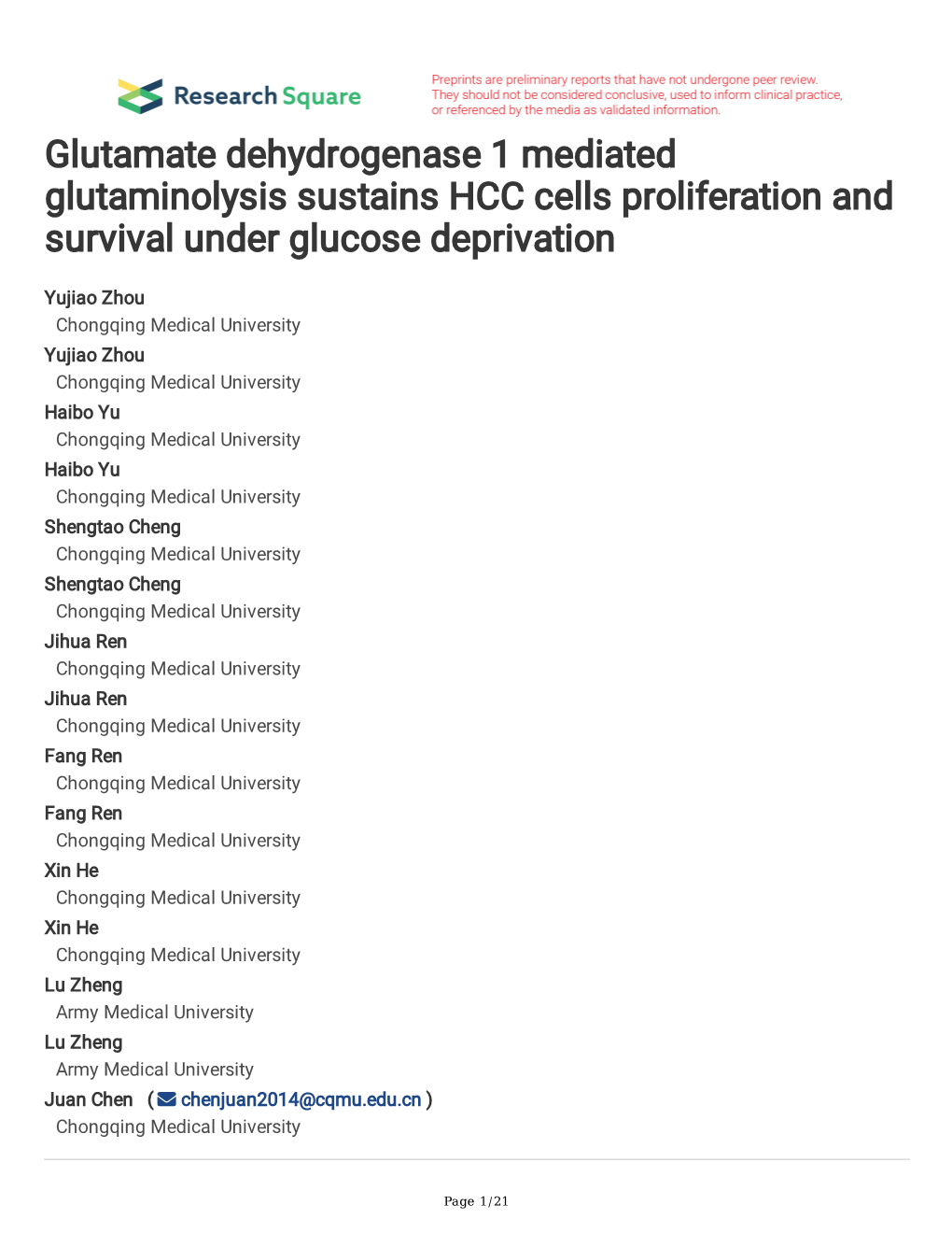 Glutamate Dehydrogenase 1 Mediated Glutaminolysis Sustains HCC Cells Proliferation and Survival Under Glucose Deprivation