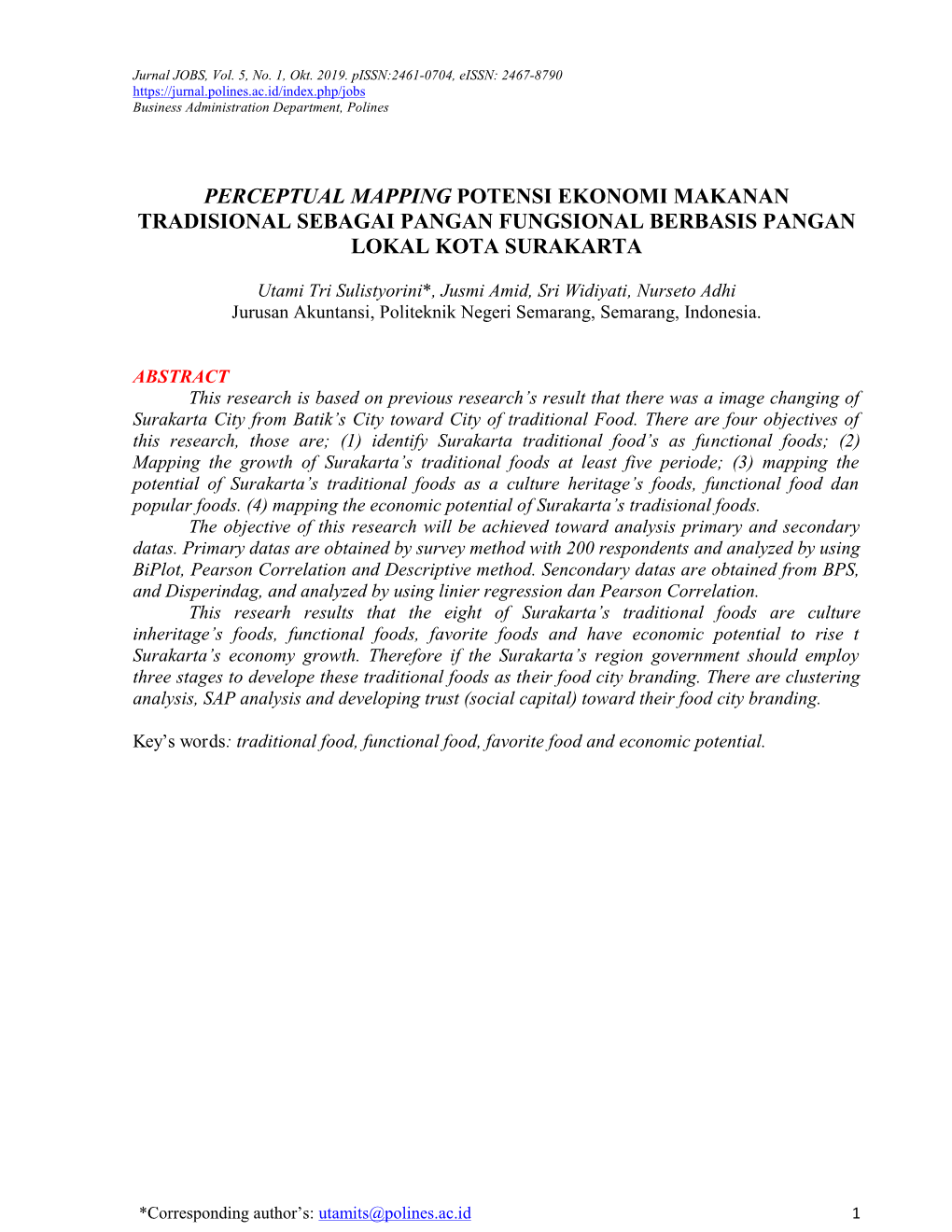 Perceptual Mapping Potensi Ekonomi Makanan Tradisional Sebagai Pangan Fungsional Berbasis Pangan Lokal Kota Surakarta