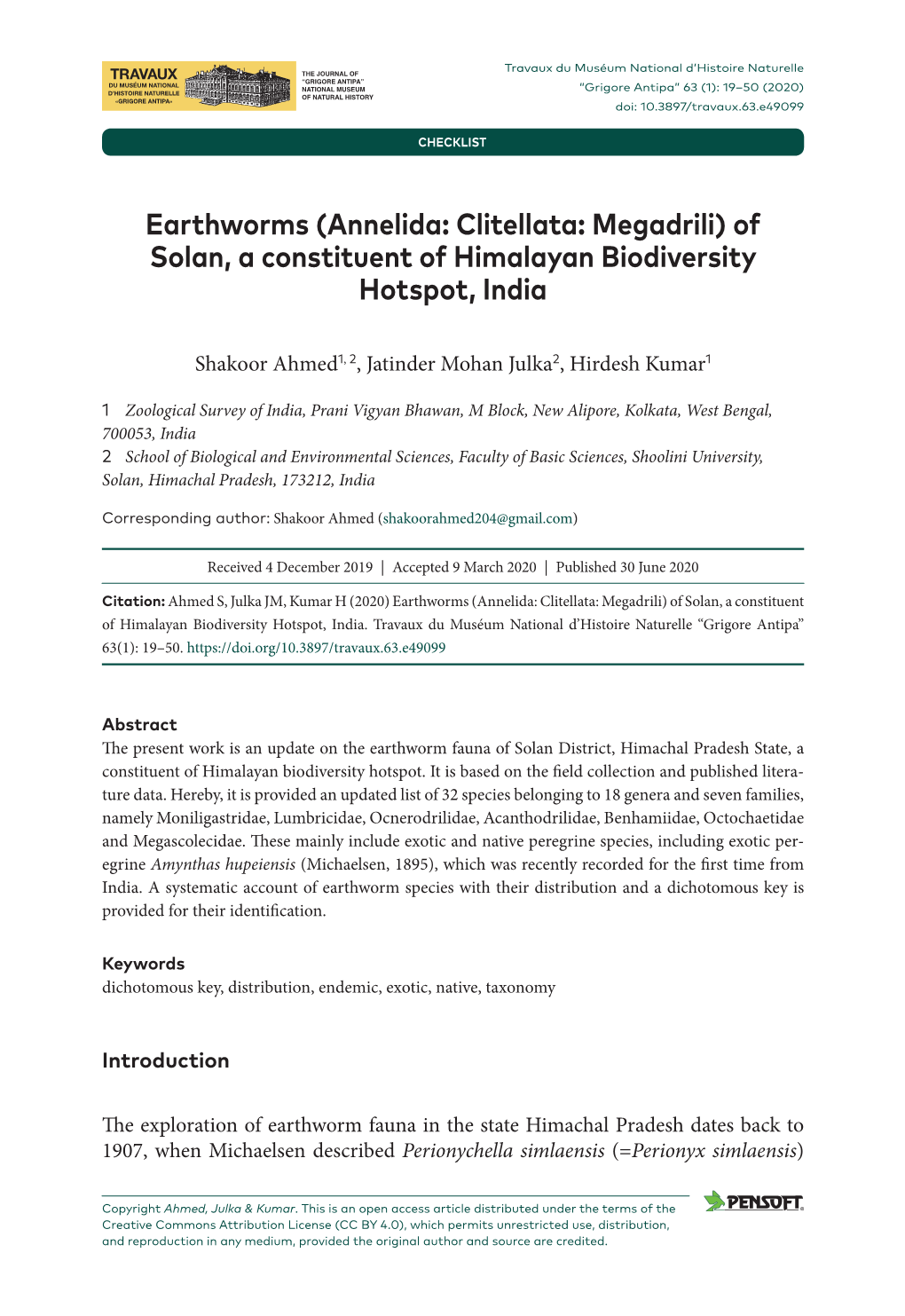 Earthworms (Annelida: Clitellata: Megadrili) of Solan, a Constituent of Himalayan Biodiversity Hotspot, India