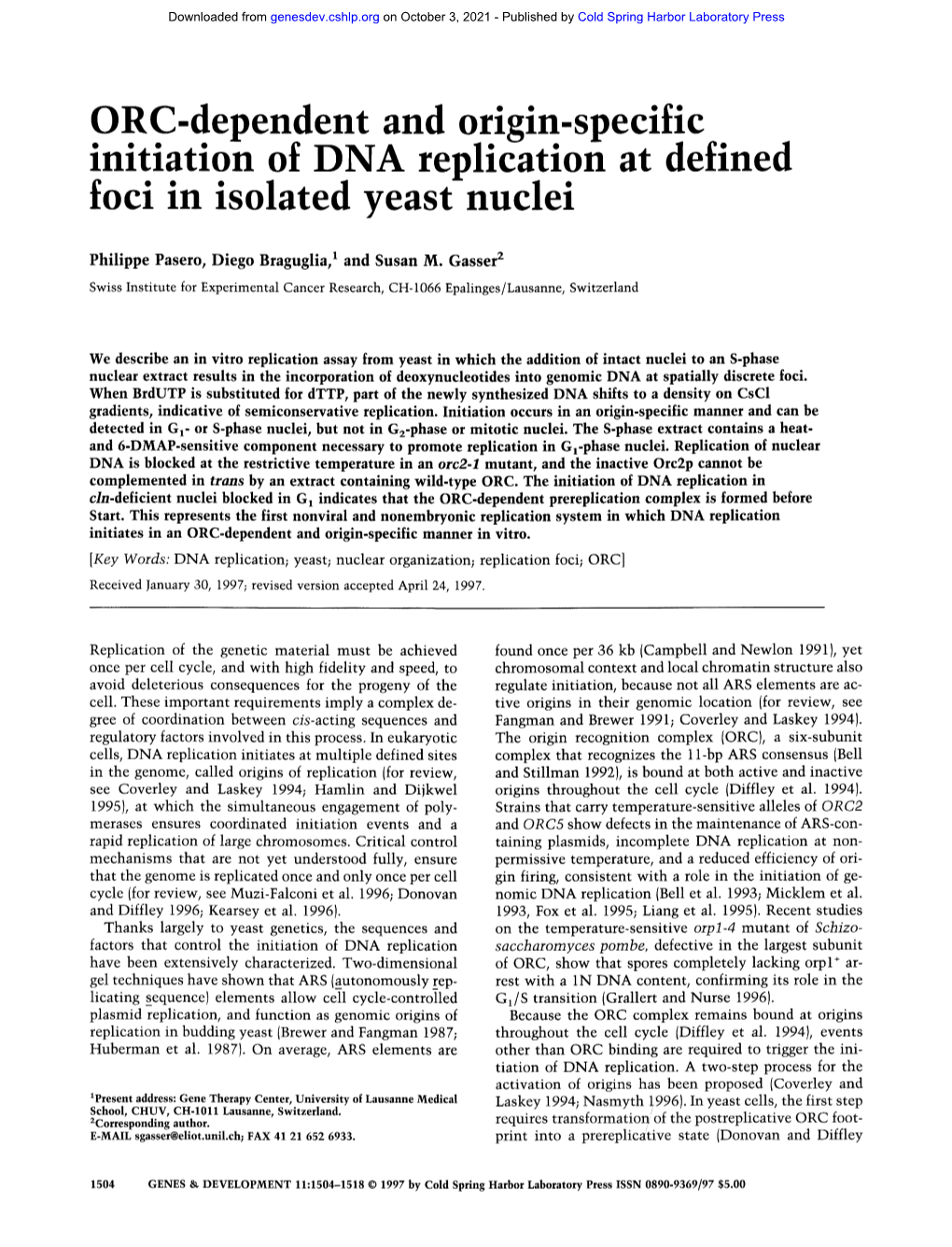 ORC-Dependent and Origin-Specific Initiation of DNA Replication at Defined Foci in Isolated Yeast Nuclei