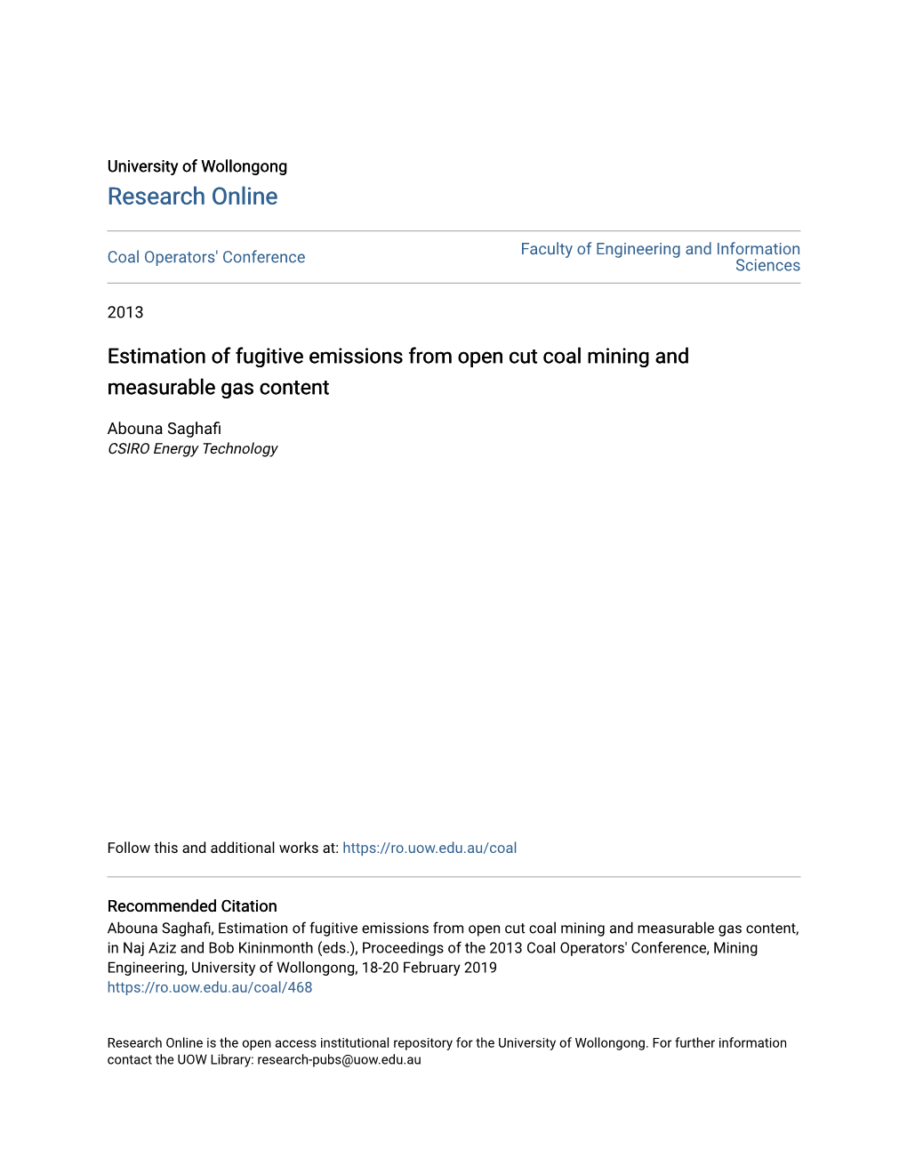 Estimation of Fugitive Emissions from Open Cut Coal Mining and Measurable Gas Content