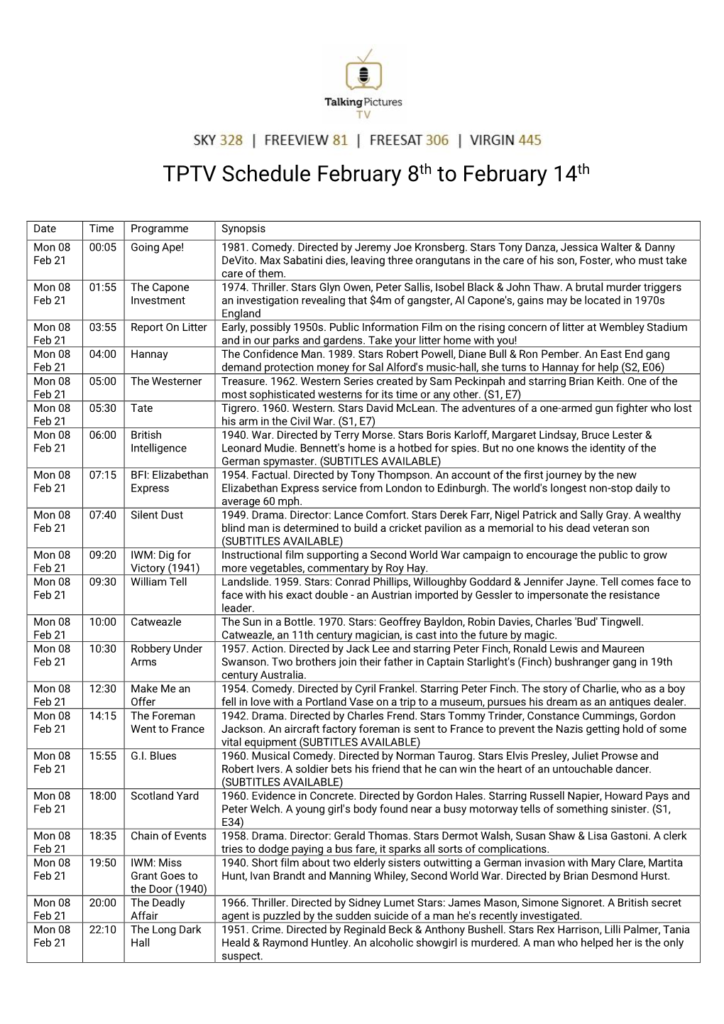 TPTV Schedule February 8Th to February 14Th
