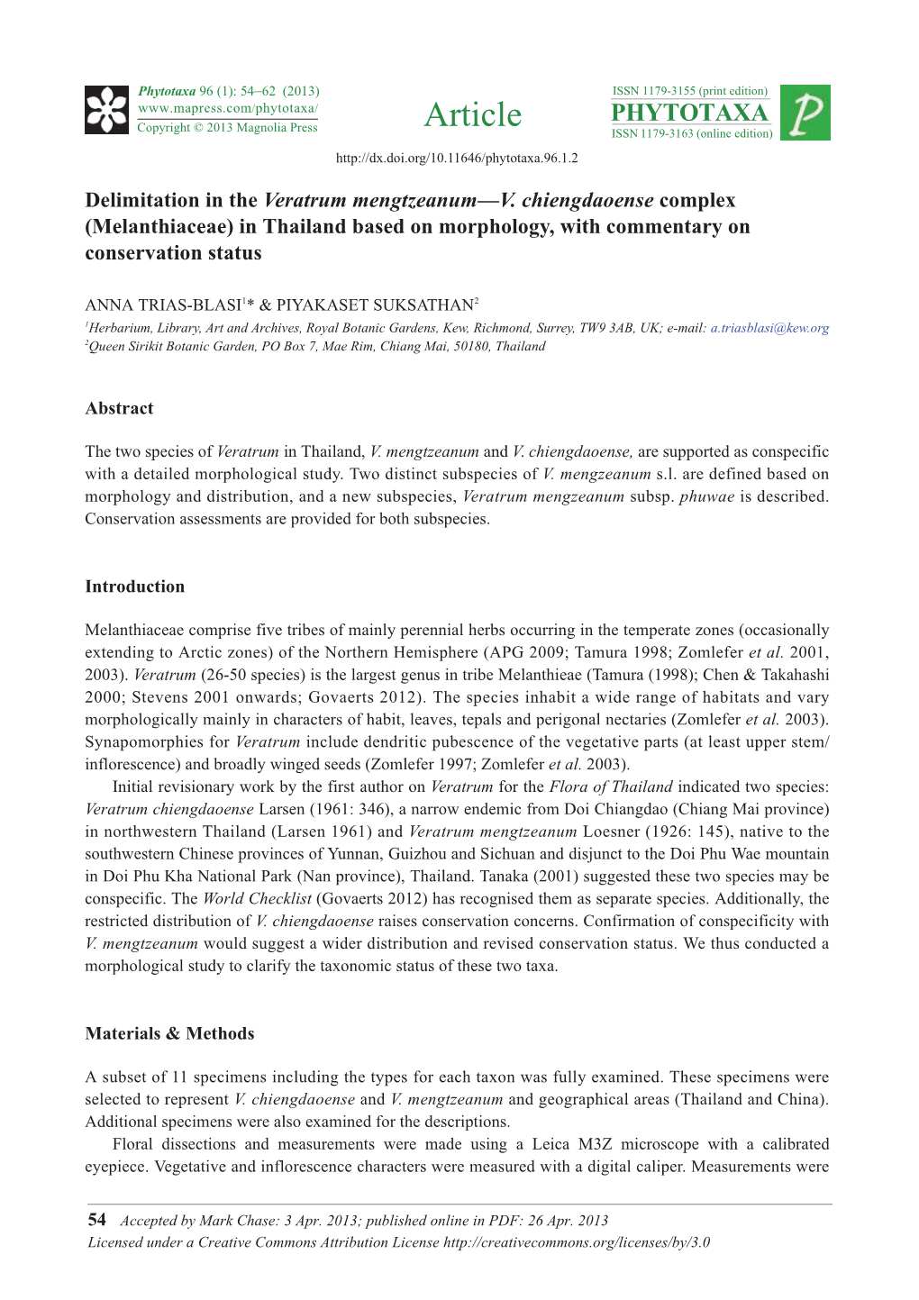 Melanthiaceae) in Thailand Based on Morphology, with Commentary on Conservation Status