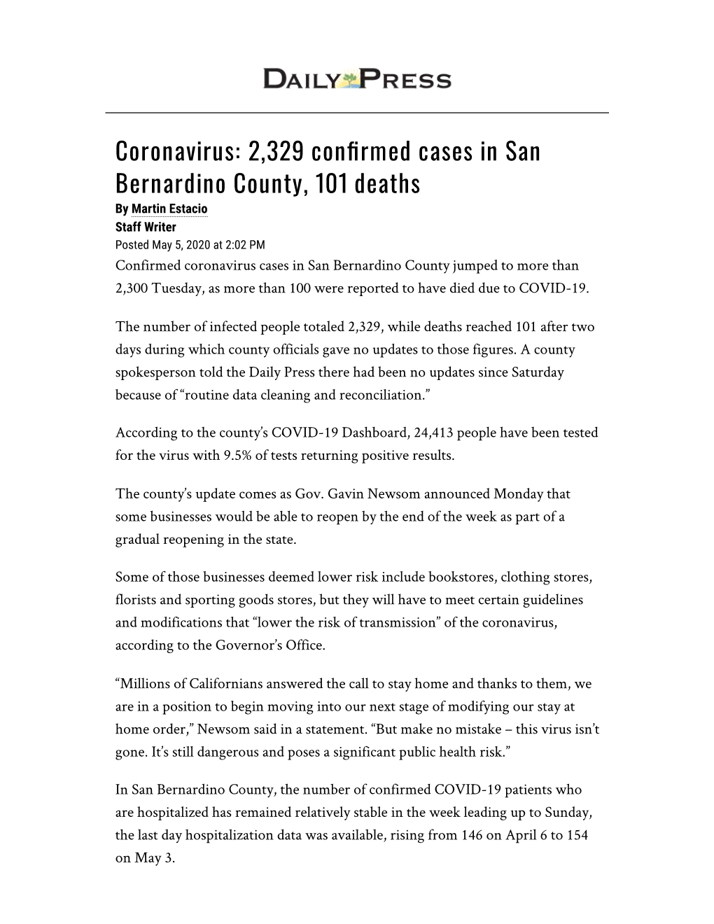 Coronavirus: 2,329 Con Rmed Cases in San Bernardino County, 101 Deaths