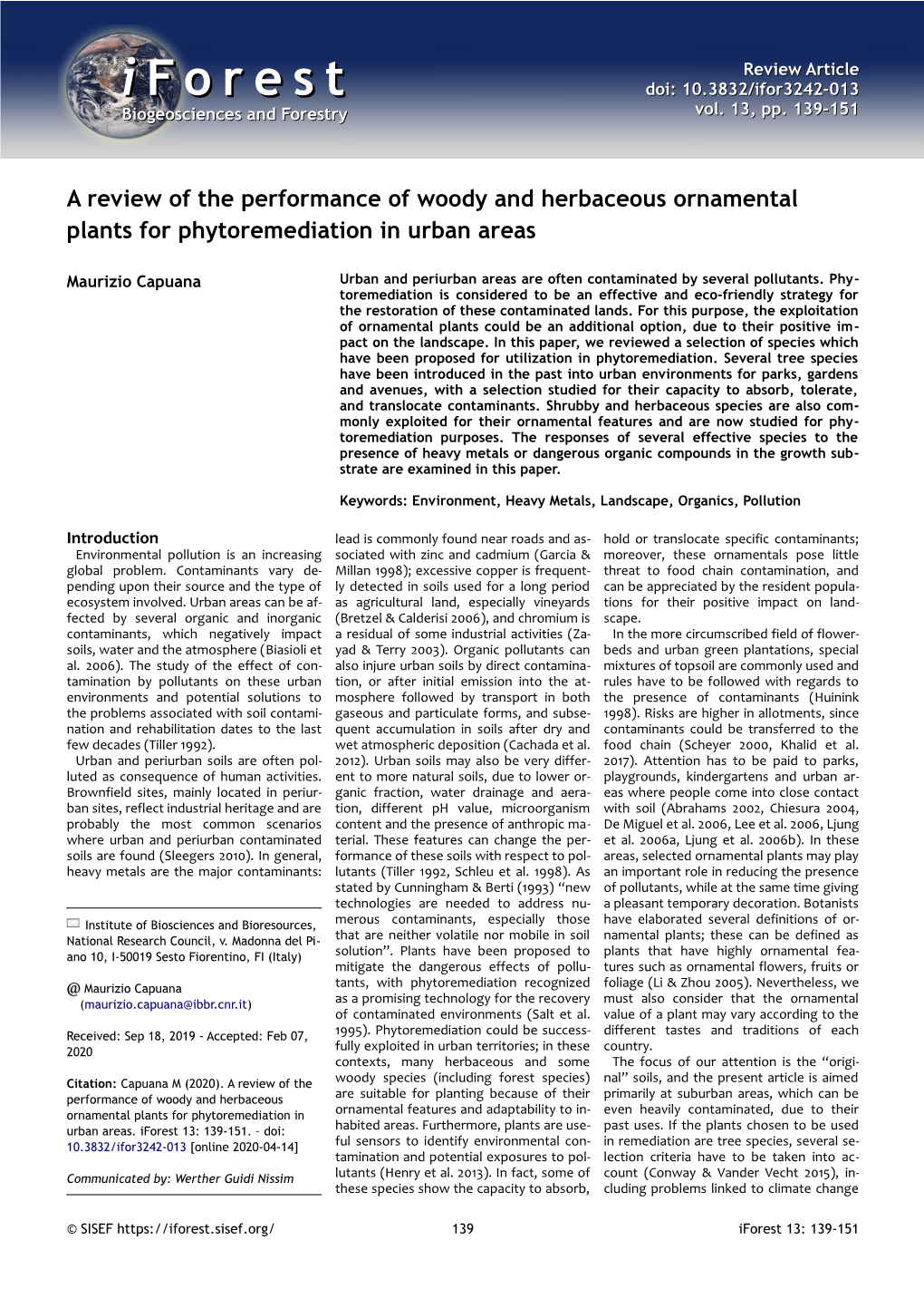 A Review of the Performance of Woody and Herbaceous Ornamental Plants for Phytoremediation in Urban Areas