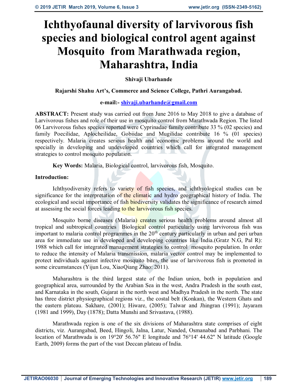 Ichthyofaunal Diversity of Larvivorous Fish Species and Biological Control