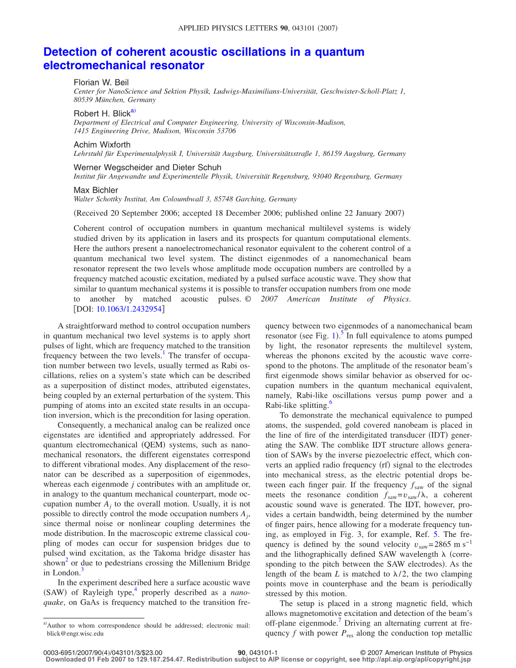 Detection of Coherent Acoustic Oscillations in a Quantum Electromechanical Resonator Florian W