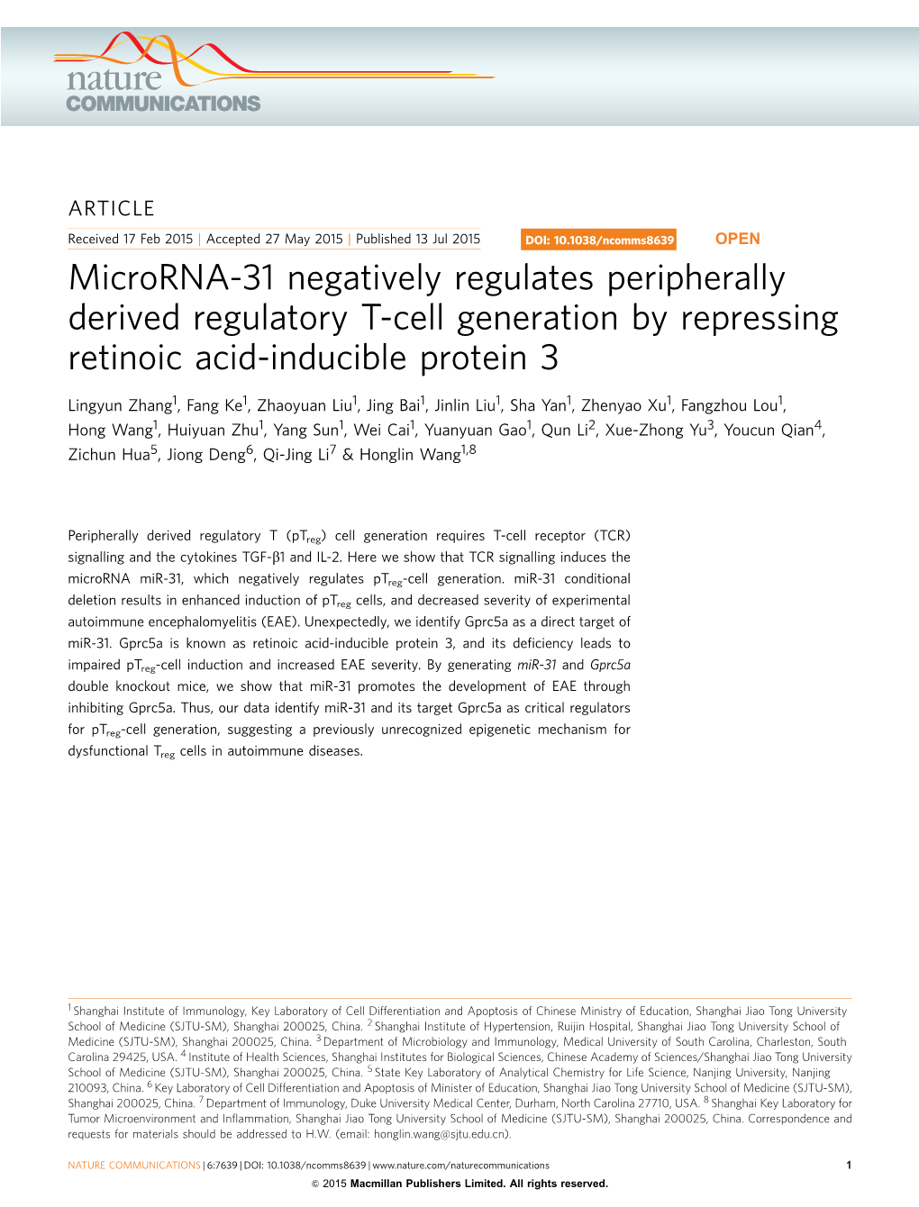 Microrna-31 Negatively Regulates Peripherally Derived Regulatory T-Cell Generation by Repressing Retinoic Acid-Inducible Protein 3