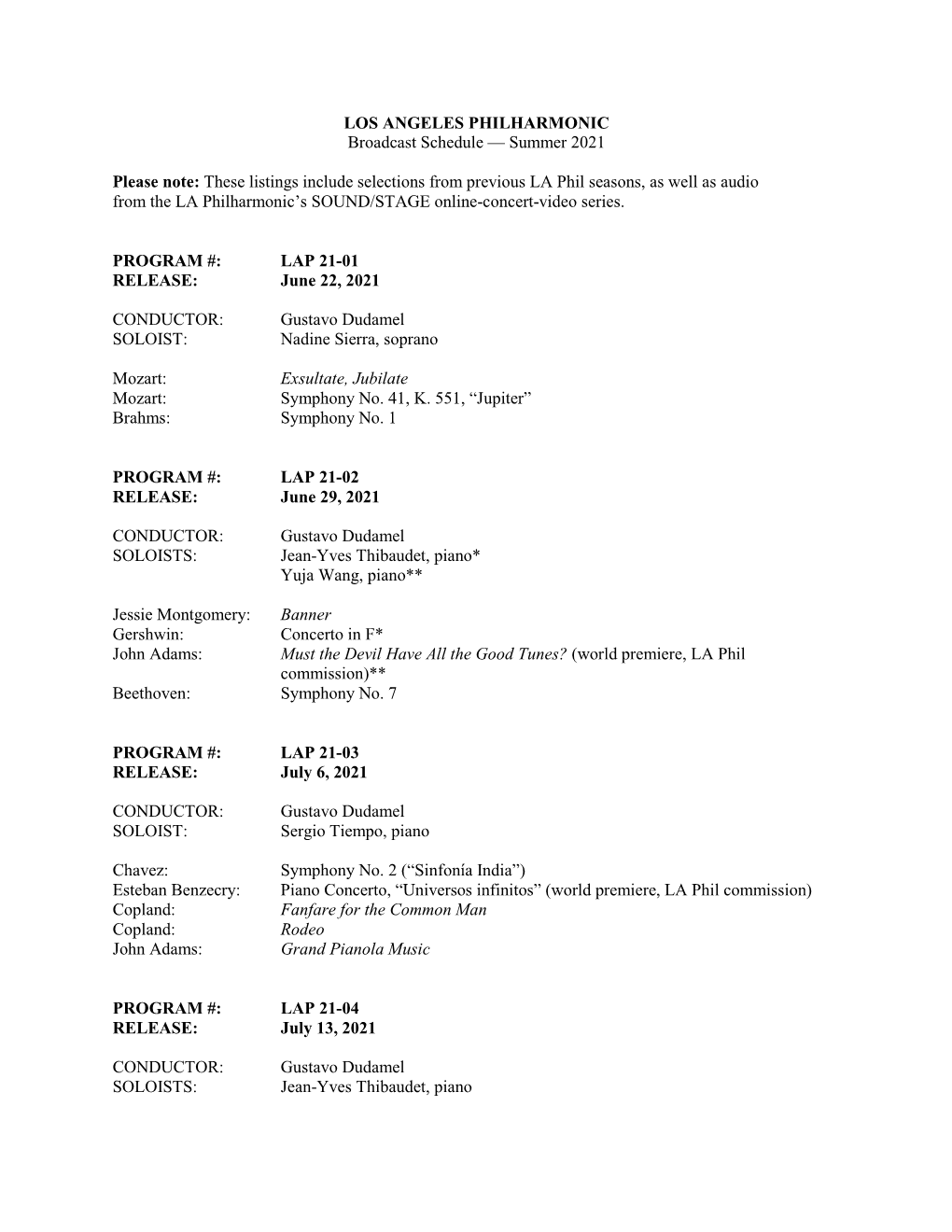 LOS ANGELES PHILHARMONIC Broadcast Schedule — Summer 2021