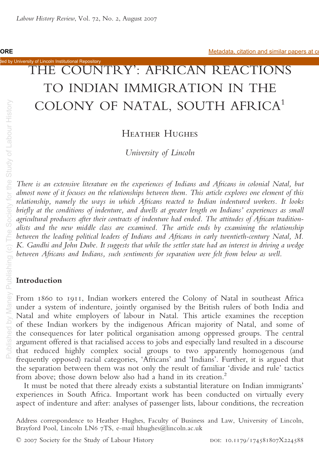 African Reactions to Indian Immigration in the Colony Of