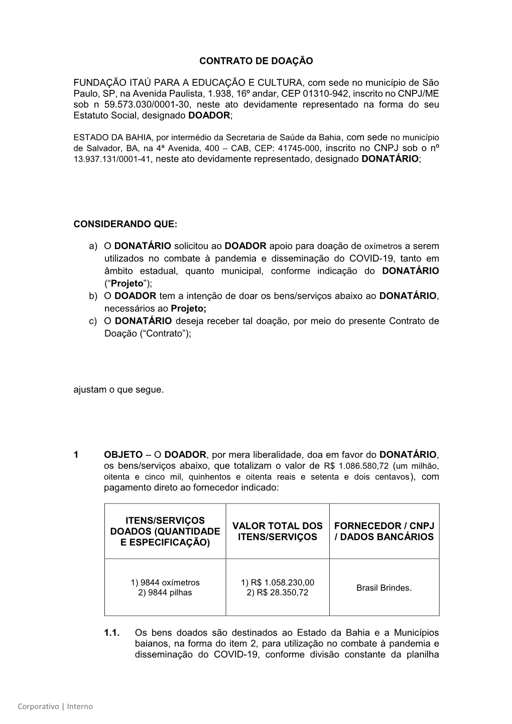 Contrato De Doação Fundação Itaú Para A