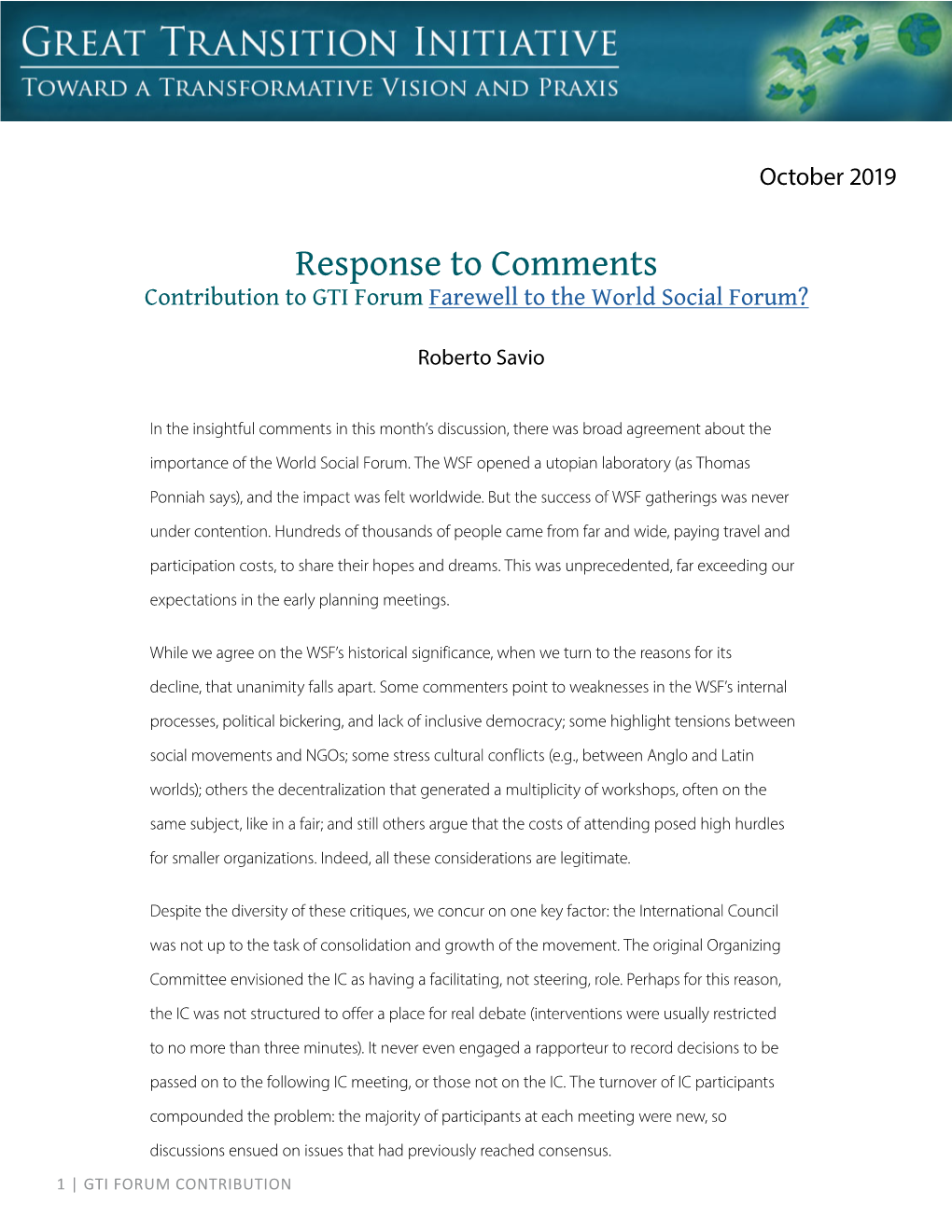 Response to Comments Contribution to GTI Forum Farewell to the World Social Forum?