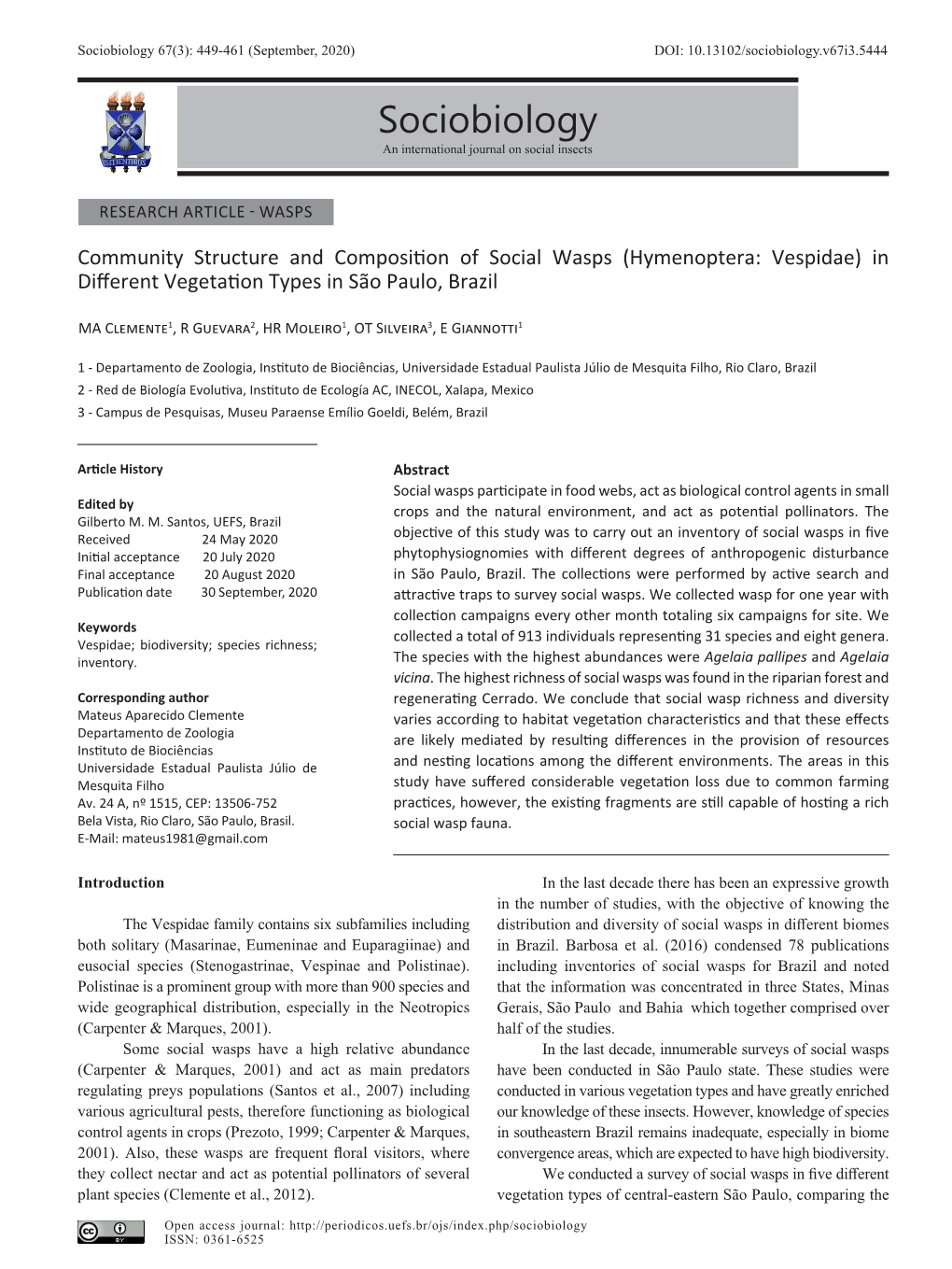 Sociobiology 67(3): 449-461 (September, 2020) DOI: 10.13102/Sociobiology.V67i3.5444