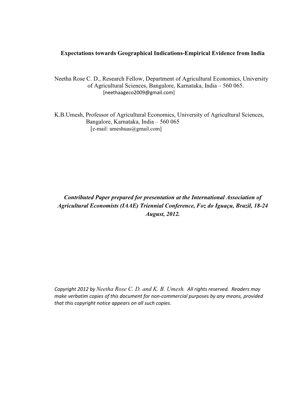 Expectations Towards Geographical Indications-Empirical Evidence from India