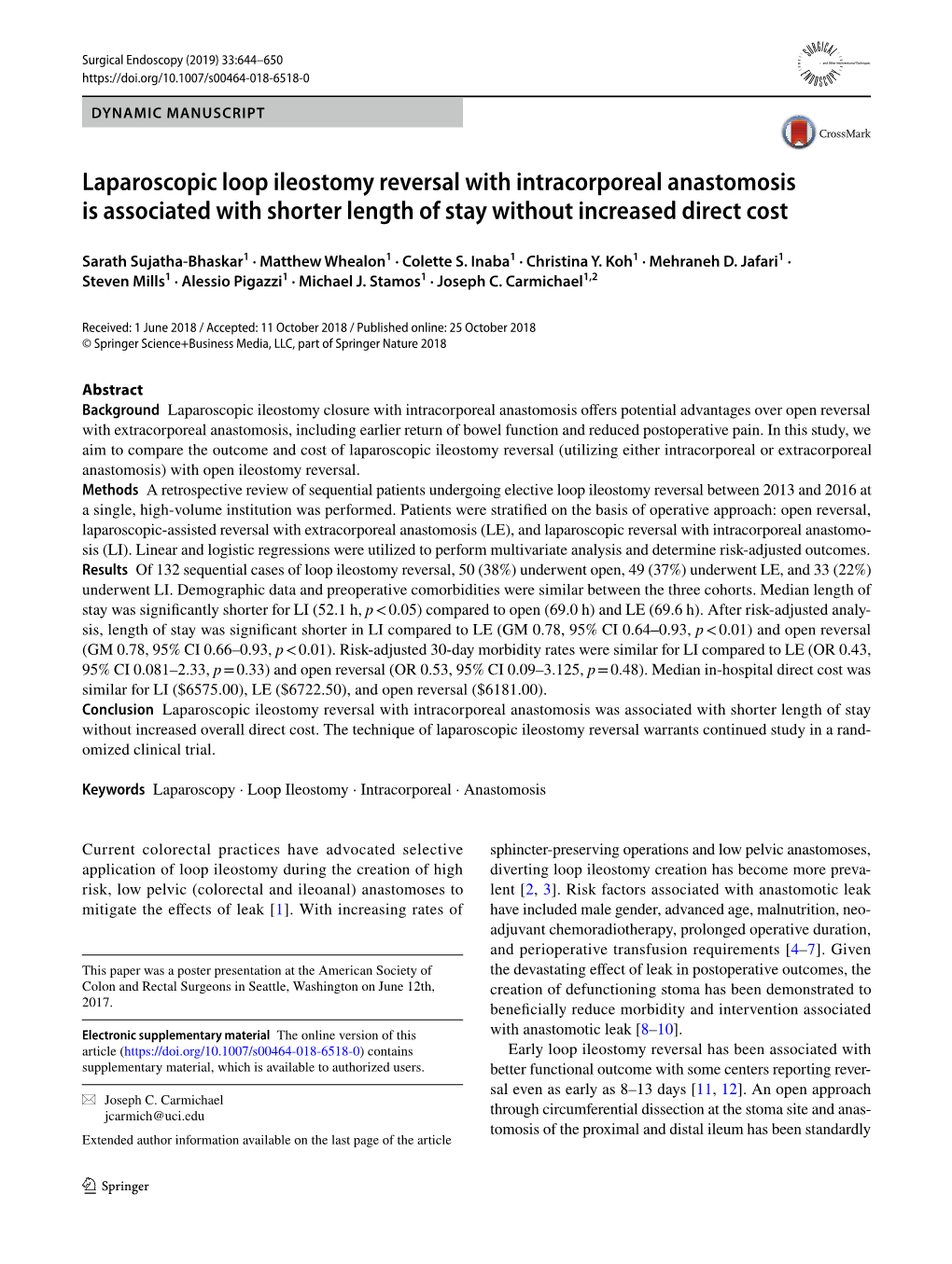 Laparoscopic Loop Ileostomy Reversal with Intracorporeal Anastomosis Is Associated with Shorter Length of Stay Without Increased Direct Cost