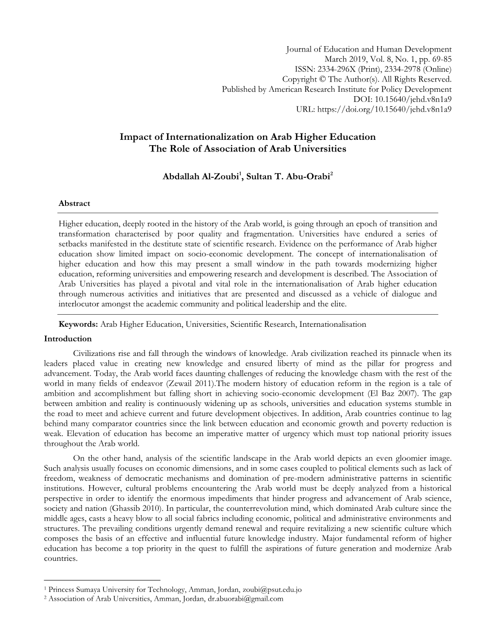 Impact of Internationalization on Arab Higher Education the Role of Association of Arab Universities