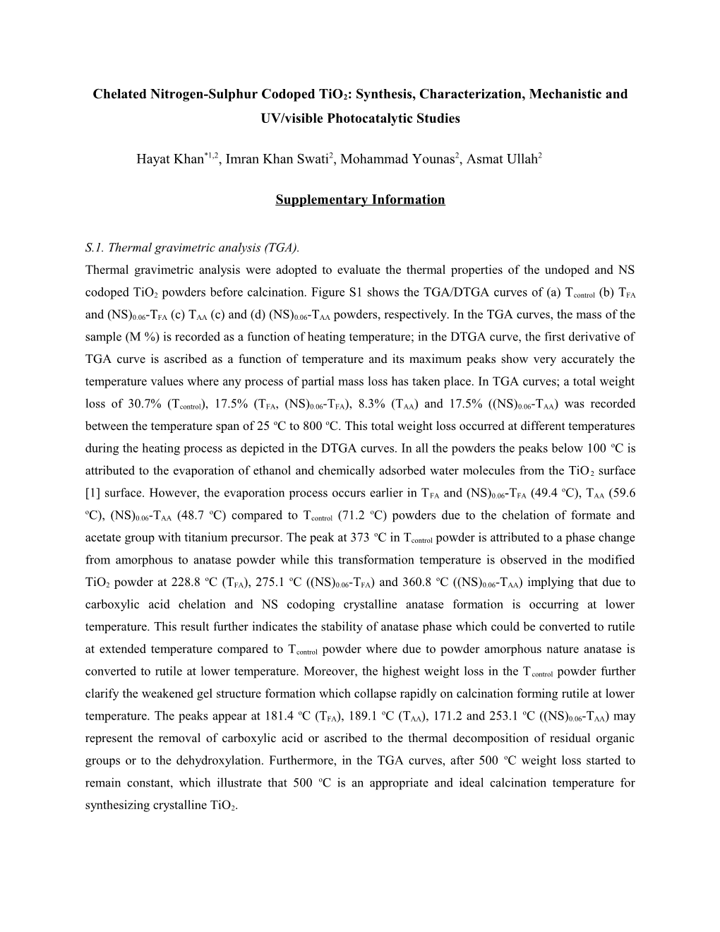 Chelated Nitrogen-Sulphur Codoped Tio2: Synthesis, Characterization, Mechanistic and UV/Visible