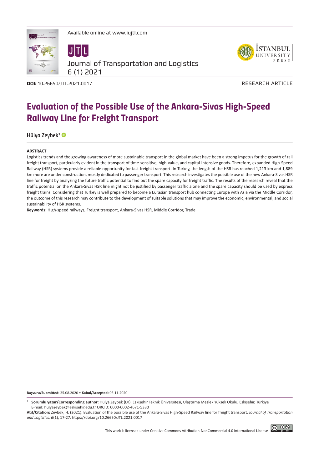 Evaluation of the Possible Use of the Ankara-Sivas High-Speed Railway Line for Freight Transport