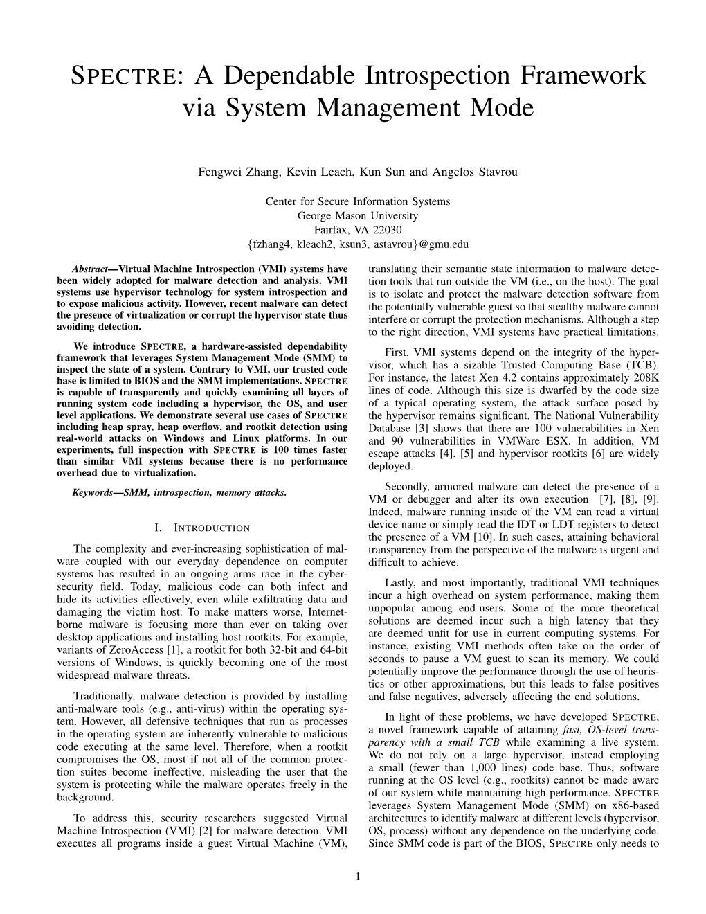 SPECTRE: a Dependable Introspection Framework Via System Management Mode