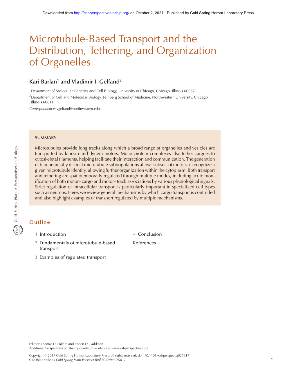 Microtubule-Based Transport and the Distribution, Tethering, and Organization of Organelles