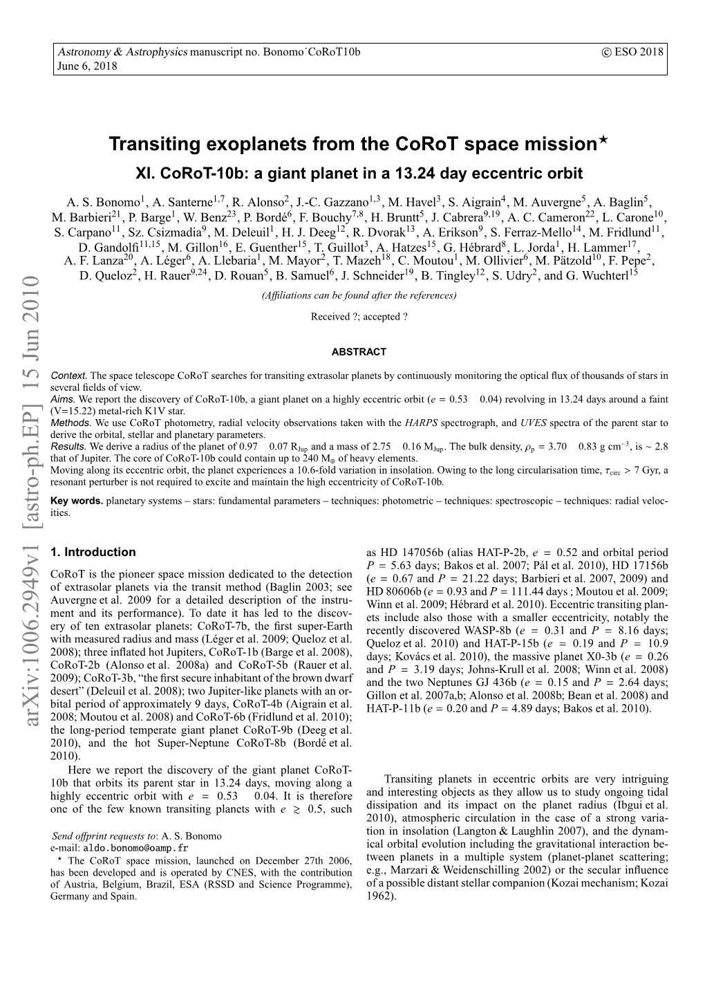 Corot-10B: a Giant Planet in a 13.24 Day Eccentric Orbit