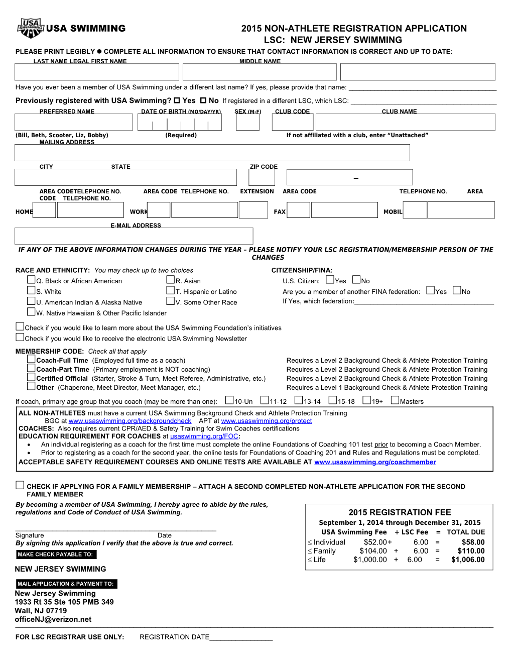 Usa Swimming 2015 Non-Athlete Registration Application