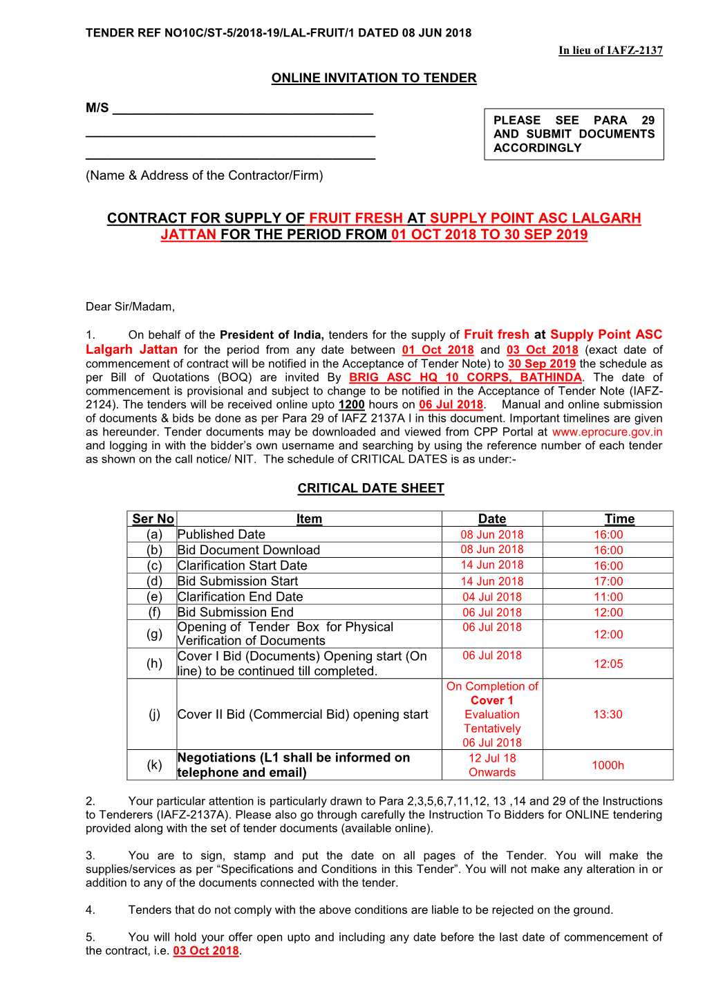 Contract for Supply of Fruit Fresh at Supply Point Asc Lalgarh Jattan for the Period from 01 Oct 2018 to 30 Sep 2019