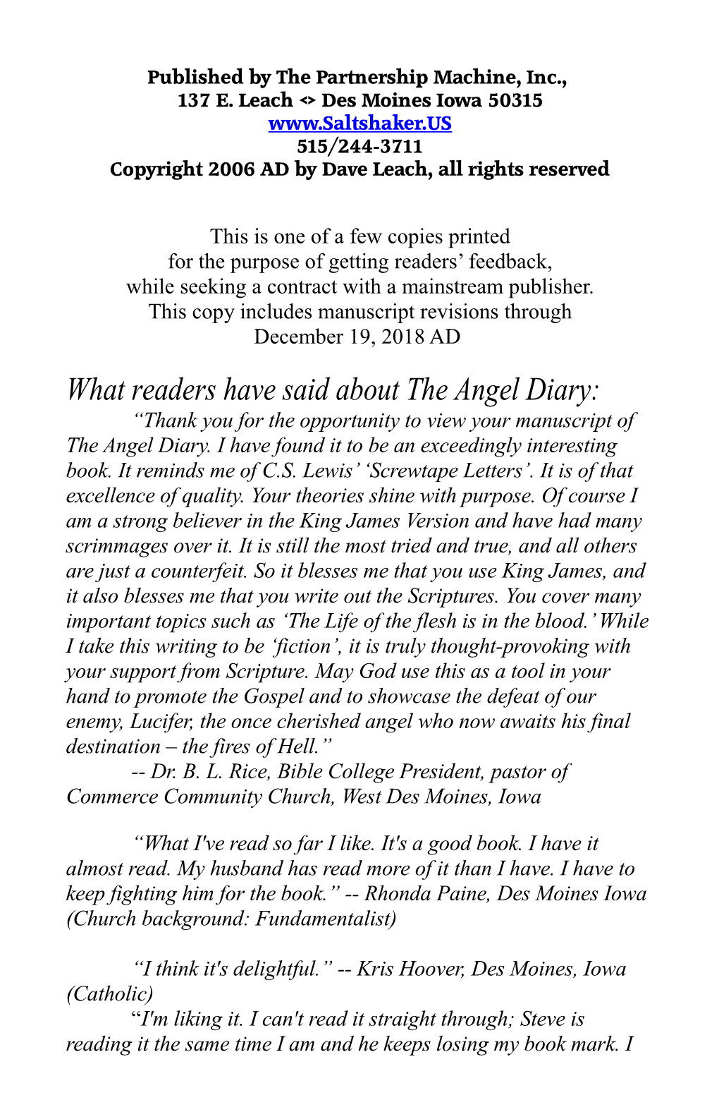 What Readers Have Said About the Angel Diary: “Thank You for the Opportunity to View Your Manuscript of the Angel Diary