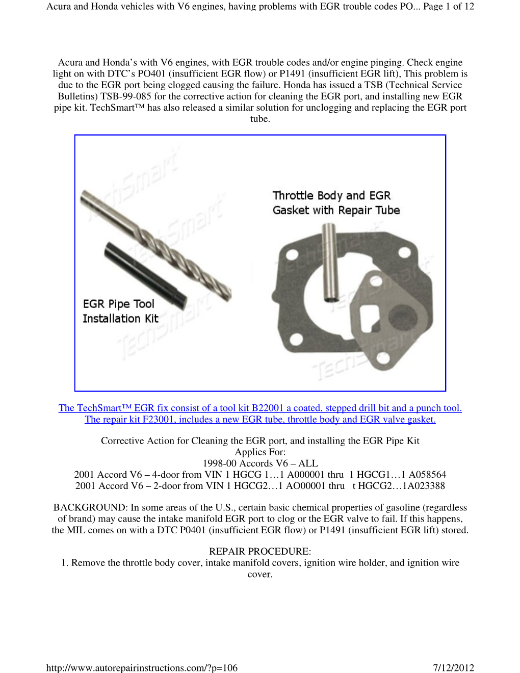 Acura and Honda's with V6 Engines, with EGR Trouble Codes And/Or