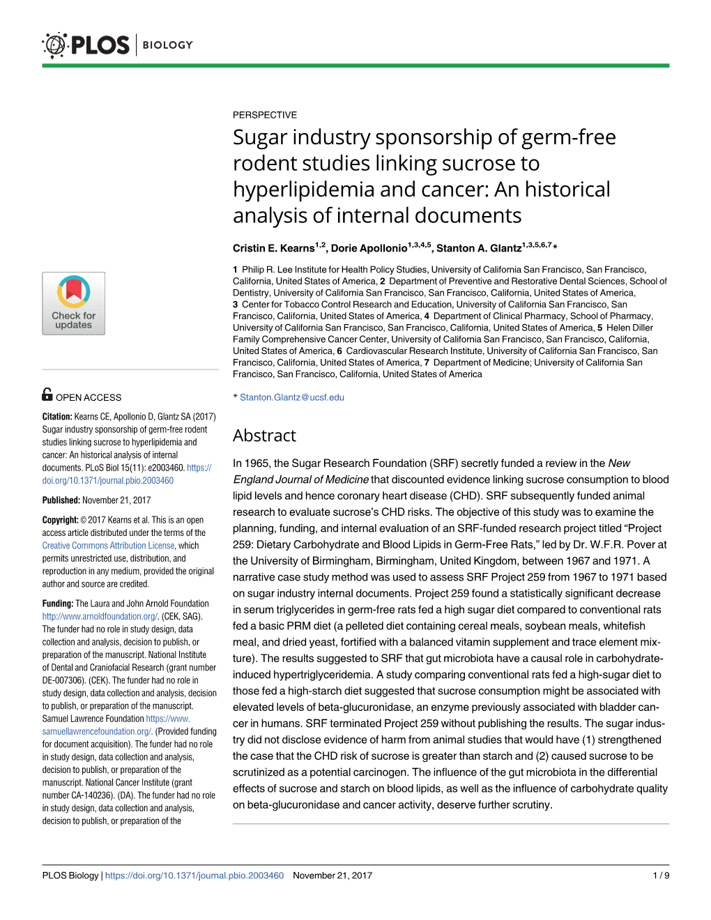 Sugar Industry Sponsorship of Germ-Free Rodent Studies Linking Sucrose to Hyperlipidemia and Cancer: an Historical Analysis of Internal Documents