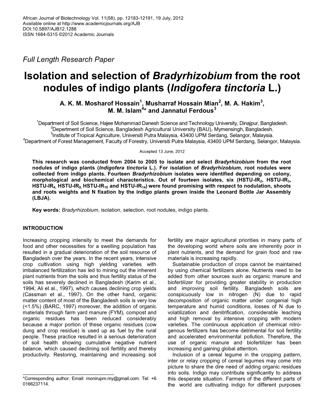 Isolation and Selection of Bradyrhizobium from the Root Nodules of Indigo Plants (Indigofera Tinctoria L.)