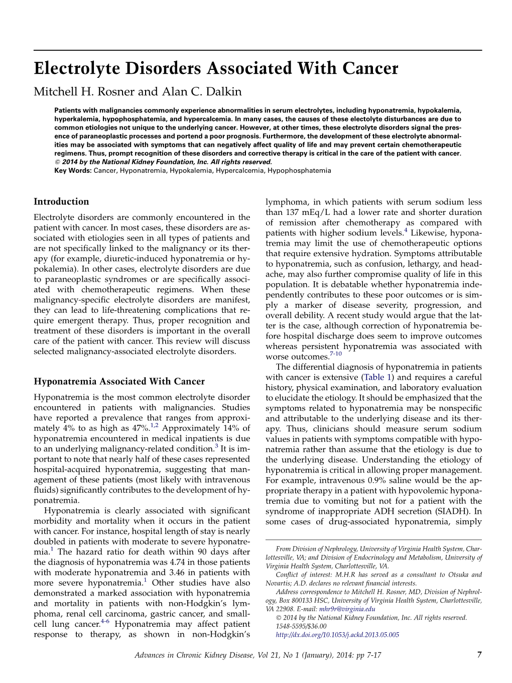 Electrolyte Disorders Associated with Cancer Mitchell H