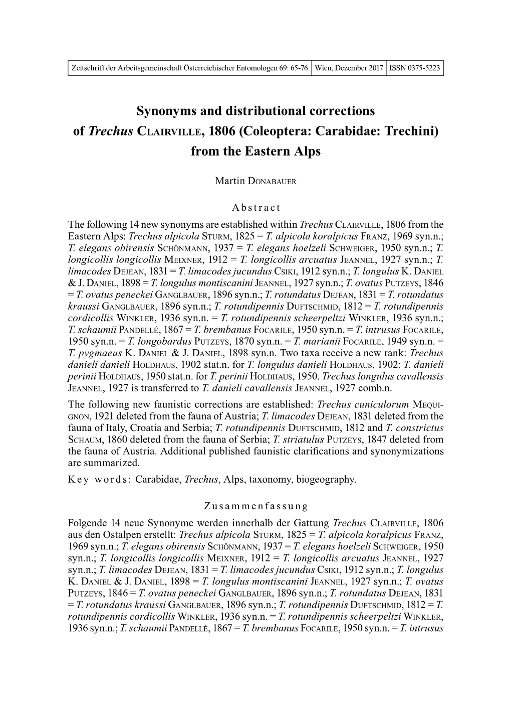 Synonyms and Distributional Corrections of Trechus Clairville, 1806 (Coleo­Ptera: Carabidae: Trechini) from the Eastern Alps