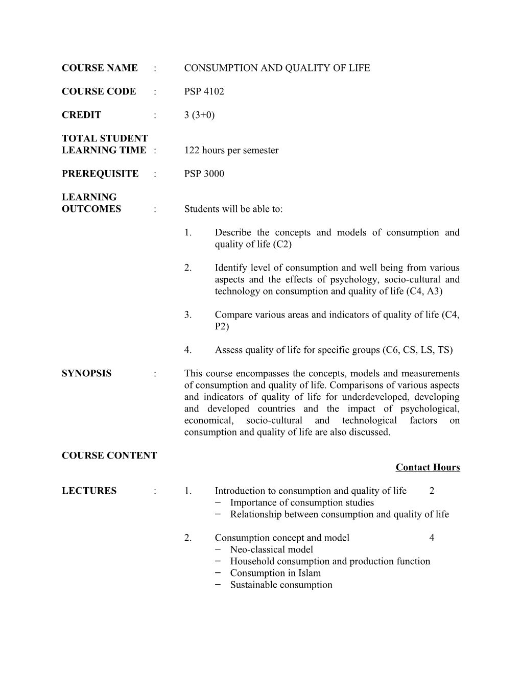 Course Name : Consumption and Quality of Life