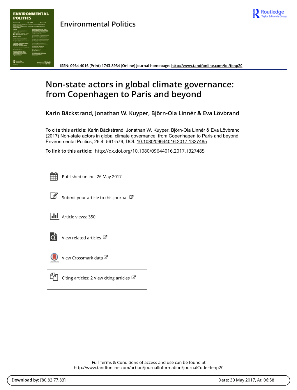 Non-State Actors in Global Climate Governance: from Copenhagen to Paris and Beyond