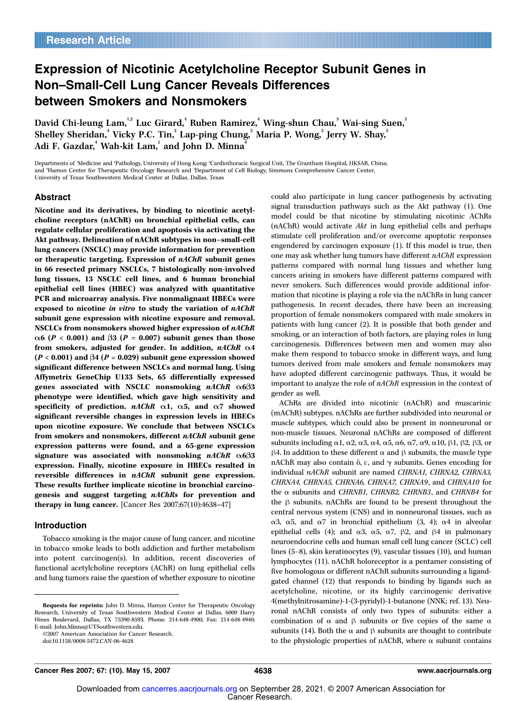 Expression of Nicotinic Acetylcholine Receptor Subunit Genes in Non–Small-Cell Lung Cancer Reveals Differences Between Smokers and Nonsmokers