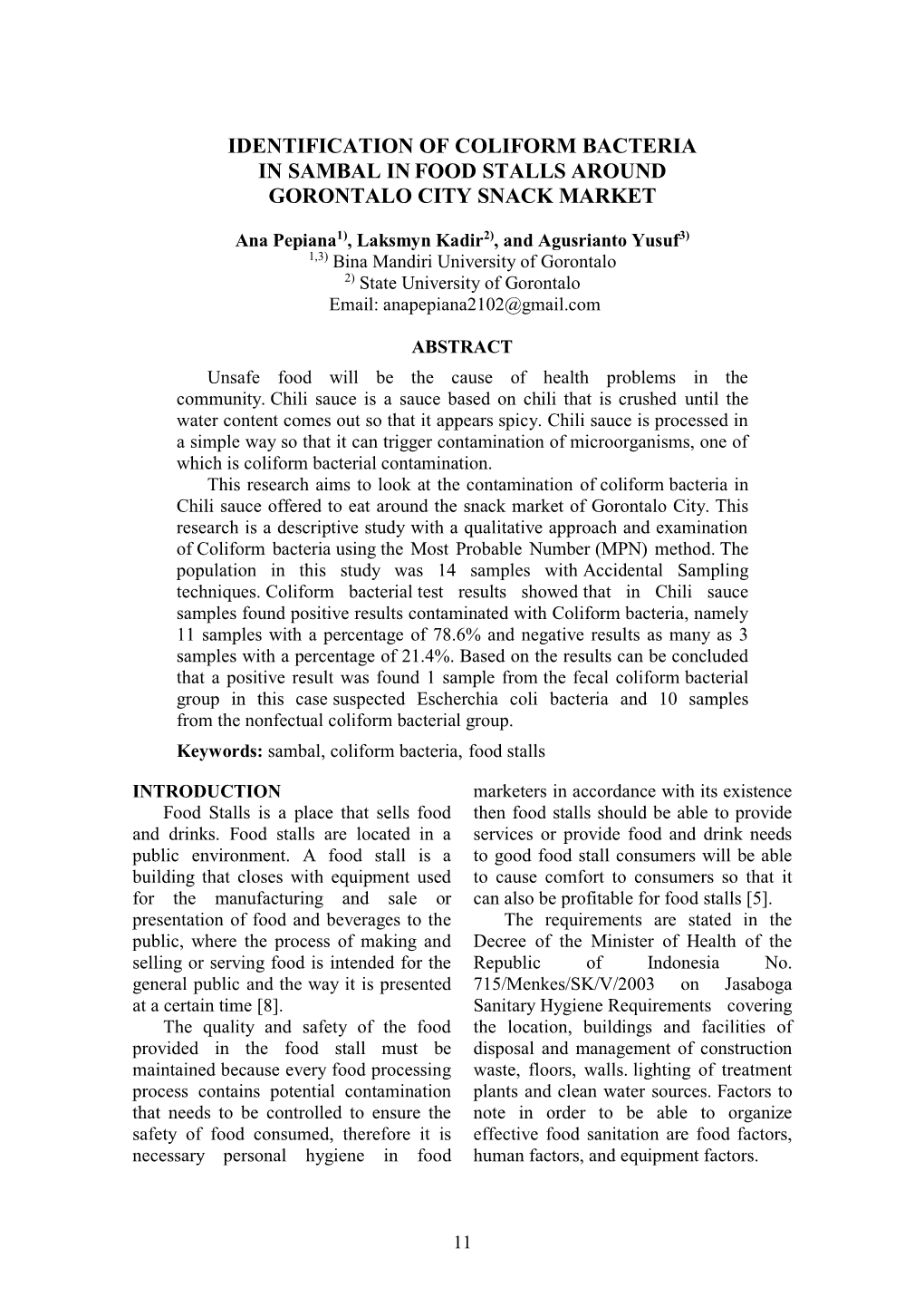 Identification of Coliform Bacteria in Sambal Infood Stalls Around