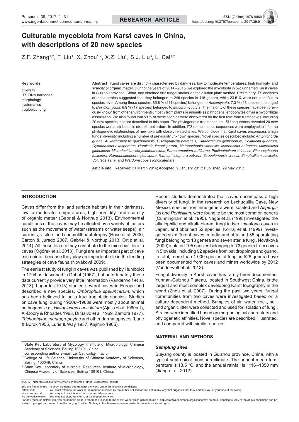 Culturable Mycobiota from Karst Caves in China, with Descriptions of 20 New Species